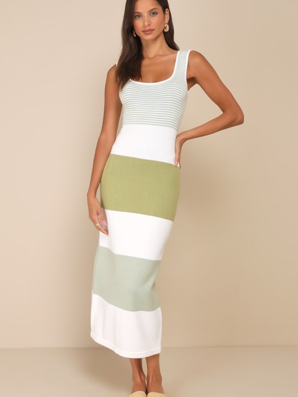 🆕 NWT Lulus Easily Gorgeous Ivory and Sage Green Striped Midi Sweater Dress
